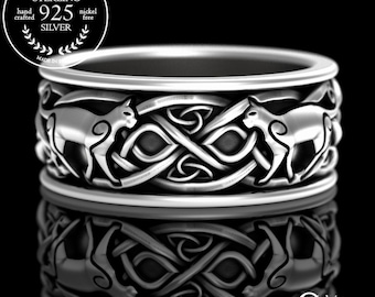 Mens Sterling Silver Irish Cat, Swirl Cat Wedding Band, Celtic Ring, Cat Lover Ring, Scottish Knotwork Ring, Kitty Ring, Feline Ring, 3098