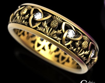 Gold & Moissanite Scottish Wedding Band, Classic Thistle Ring, Gold Scottish Thistle Ring, Gold Celtic Thistle, Simple Thistle Ring, 1812