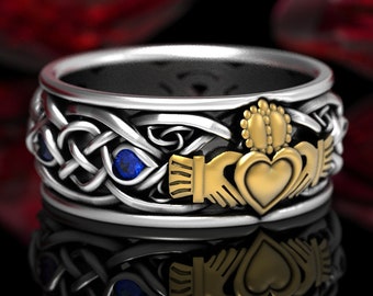 Silver & 10K Gold Men Celtic Claddagh Ring with Sapphire, 2tone Claddagh Wedding Ring, Trinity Knot Silver Heart Ring, Irish Love Ring, 1689