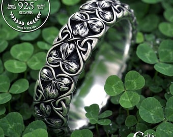 Woman's Sterling Shamrock Ring, Silver Celtic Heart & Clover Ring, Trinity Knot Irish Wedding Band, Classic Ireland Symbol Statement, 2064