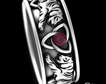 Ruby Tiger Ring, Men Tiger Wedding Ring, Sterling Tiger Jewelry, Silver Safari Jewelry, Tiger Spirit Animal, King of the Jungle, 3119