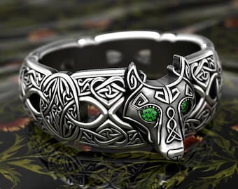 Celtic Wolf Ring, Emerald Eye Wolf Ring, Sterling Wolf Ring, Wolf Wedding Ring, Silver Viking Ring, Viking Wolf Ring, Men's Wolf Ring, 1744
