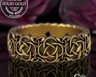Gold Irish Interlocking Circles Wedding Band, 14K Woman's Celtic Quaternary Pattern Ring, Platinum Celtic Heirloom Knotwork Jewelry, 2080