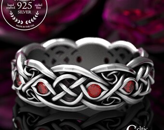 Infinity Wedding Band With Rubies, Sterling Silver Celtic Ring, Ruby Celtic Ring, Unique Wedding Ring, Infinity Ring, Handmade Ring, 1052