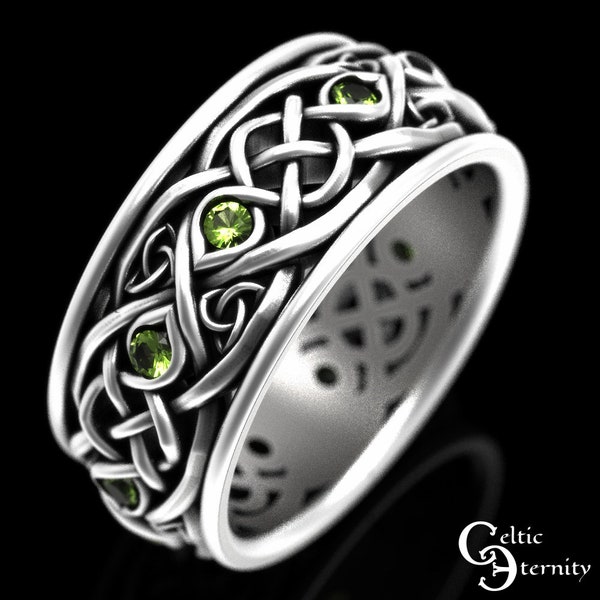 Peridot Celtic Ring, Sterling Men Wedding Band, Silver Peridot Ring, Men Celtic Ring, Peridot Irish Wedding Ring, Trinity Peridot Ring, 1096