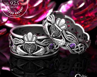 Amethyst Forest Marriage Ring Set, Sterling Matching Druid Wedding Bands, Silver Botanical Claddagh Rings, Tree Heart Crown Rings, 2041 2042