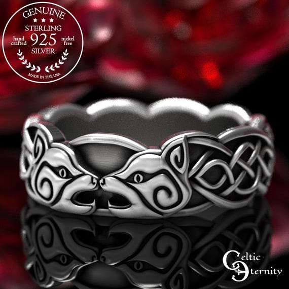 Sterling Irish Cats Ring, Cat Lover Wedding Band, Kitten Soulmates