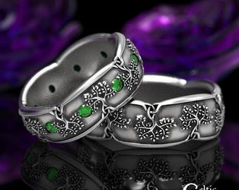 Tree of Life Handfasting Set, Sterling & Emerald Tree Wedding Bands, Celtic World Tree Ring Set, His Hers Yggdrasil Rings, 1363 1365