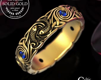 Gold Woman's Koi Fish Wedding Band, 18K White Gold & Sapphire Ocean Ring, Perfect Harmony Anniversary Ring, Platinum Pisces Jewelry, 2098