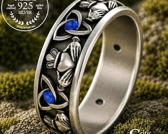 Mens Sterling Claddagh Ring, Sapphire Claddagh Wedding Band, Silver Irish Heart Crown Ring, Sapphire Crown Wedding Ring, Handfast Ring, 3079