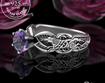 Sterling Silver Celtic Wolf Engagement Ring, Alexandrite Viking Shadow Fang Solitaire, Silver Wolfkin Handfasting Ring, Mac Tíre Ring, 3177