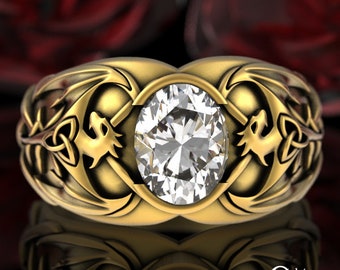 Gold Mens Dragon Ring, Moissanite Viking Draconid Wedding Band, 14K Drake Band, 10K Irish Wyrm Mens Wedding Ring, Serpentine Signet, 3116