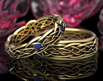 His Her Gold Celtic Knot Wedding Set Sapphire, Dris-Muine Infinity Knot Ring, 10K 14K 18K Gold Platinum Unique Wedding Band Set, 1416 111