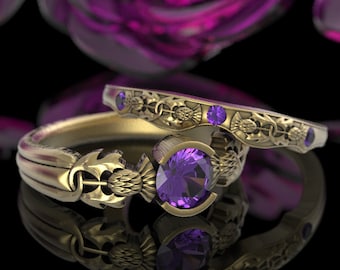 Gold & Amethyst Royal Thistle Engagement Ring Set, Scottish Highland Bloom Wedding Rings,  Thorned Blossom Handfasting Ring Pair, 1774/75