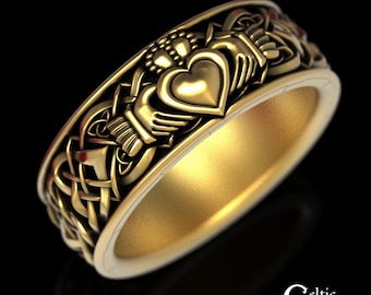 Gold Mens Claddagh Ring, 10K Heart Claddagh Ring, 14K Mans Celtic Wedding Band, 18K Gold Irish Heart Ring, 10K Claddagh Wedding Ring, 1890