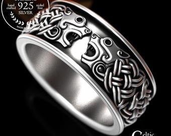 Viking Tribal Hellhound Ring, Sterling Direwolf Ring, Silver Norse Mens Ring, Celtic Hound Ring for Man, The Wild Hunt Wedding Band, 1102