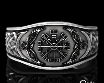 Sterling Silver Raven Ring, Vegvisir Ring, Mens Wedding Band, Raven Jewelry, Viking Wedding Ring, Viking Ring, Raven Ring, Odin Ring, 1159