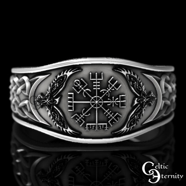 Sterling Silver Raven Ring, Vegvisir Ring, Mens Wedding Band, Raven Jewelry, Viking Wedding Ring, Viking Ring, Raven Ring, Odin Ring, 1159