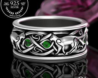 Emerald Irish Cat Ring, Mens Cat Wedding Band, Sterling Silver Celtic Cat Lover Ring, Scottish Knotwork Ring, Kitty Ring, Feline Ring, 3099