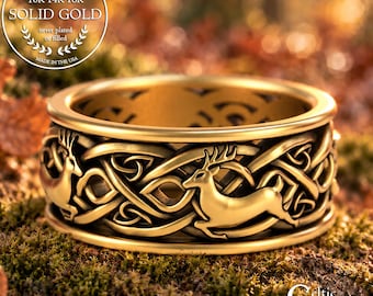 10K Gold Deer Ring, Mens Gold Stag Buck Antler Ring, 14K Gold Celtic Deer Wedding Band, White Gold Deer Ring, Platinum Forest Ring, 3126