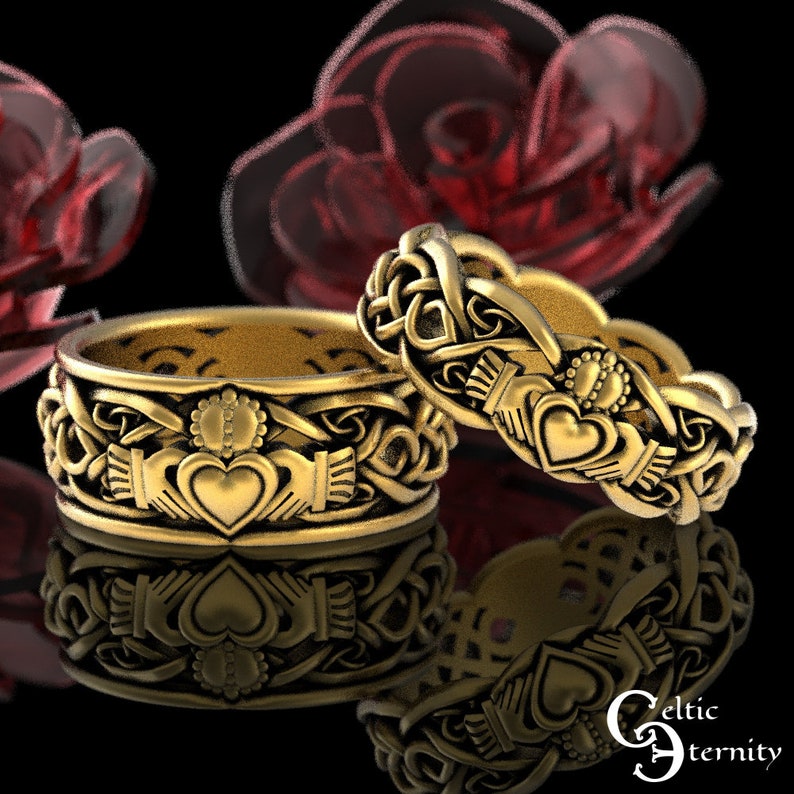 Gold Matching Claddagh Wedding Ring Set, 10K 14K Claddagh Wedding Bands, 18K Scottish Heart Ring, Gold Irish Crown Heart Rings, 1683 1687 image 5