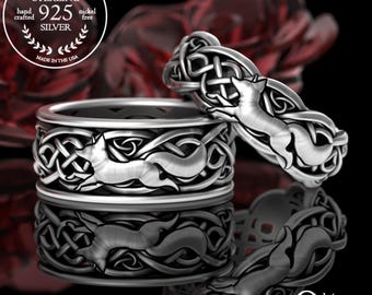 His Hers Sterling Irish Fox Ring Set, Silver Matching Foxes Wedding Band Set, Welsh Knotwork Wedding Rings, 925 Fox Spirit Animal, 3197 3195