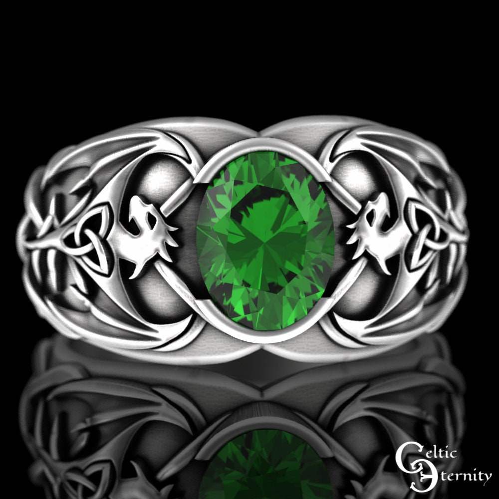 Sterling Emerald Dragon Ring Mens Engagement Ring Dragon Heavy Wedding Ring Scottish Dragon Wedding Ring Mens Celtic Emerald Ring 3116