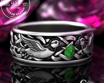 Sterling Men's Emerald & Sea Parrots Ring, Groom Puffin Ring, Silver Ocean Bird Wedding Band, 2120