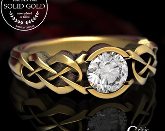 Celtic Moissanite Engagement Ring, Gold Celtic Knot Ring, Moissanite Solitaire Ring, Womens Moissanite Ring, 10K 14K 18K Gold Platinum, 414