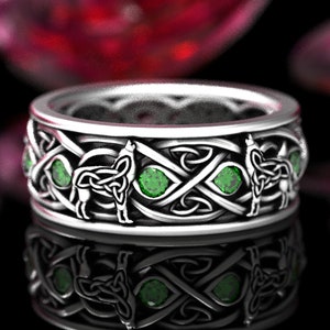 Sterling Silver Wolf Ring, Men's Celtic Wedding Band, Emerald Wolf Ring, Celtic Wedding Ring, Celtic Emerald Ring, Wide Mens Ring, 1269 image 2