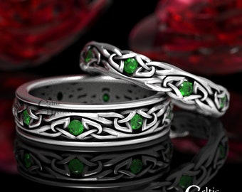 His Hers Ring Set, Narrow Wedding Bands, Matching Emerald Wedding Rings, Sterling Silver Wedding Ring, Celtic Wedding Rings, 1469 + 1467
