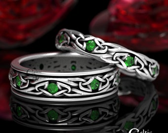 His Hers Elegant Irish Wedding Bands, Matching Celtic Emerald Wedding Rings, Sterling Silver Gaelic Handfasting Ceremony Rings, 1469 + 1467