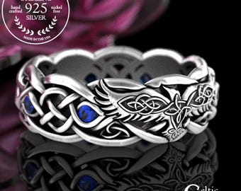 Womens Silver Raven Wedding Ring, Sapphire Raven Wedding Band, Sterling Viking Ring, Viking Raven Ring, Celtic Raven Wedding Ring, 4728