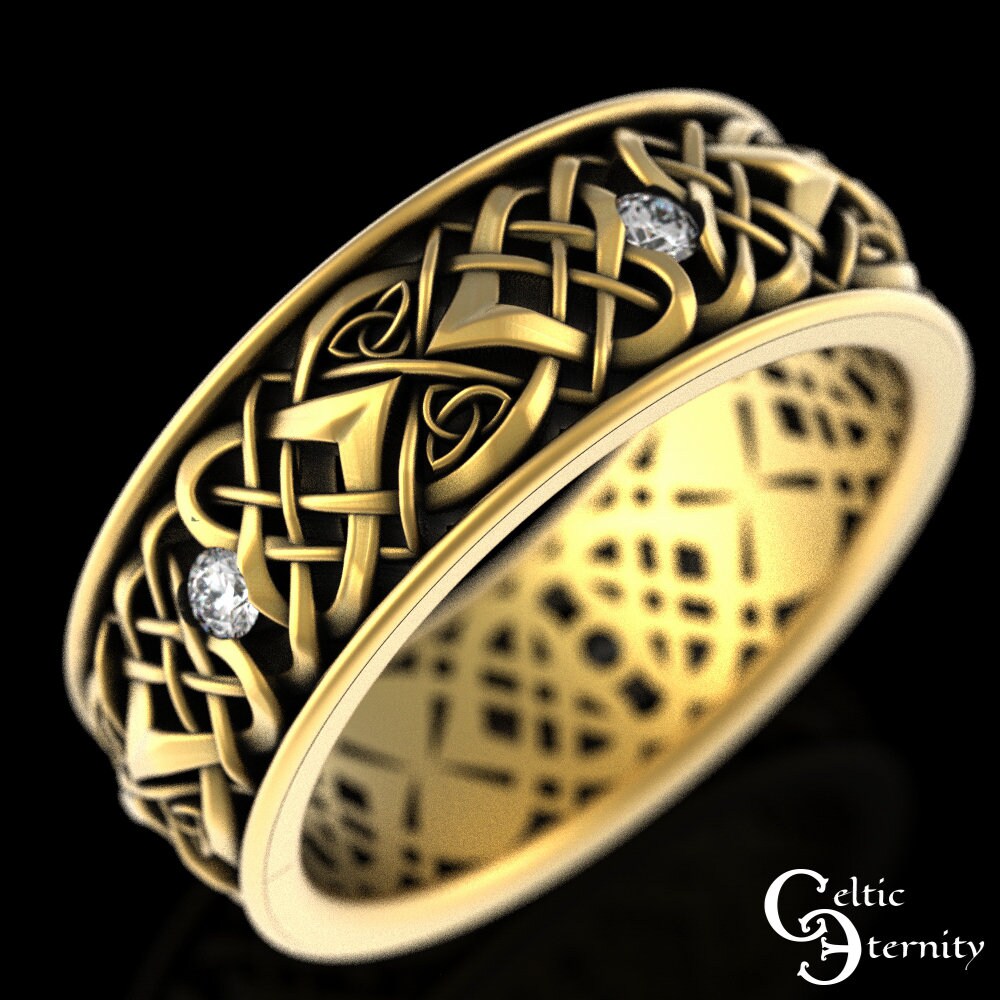 Mens Moissanite Wedding Band, 14K Gold Mens Celtic Ring, 10K Mens