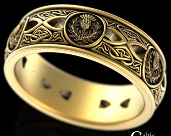 Mens Gold Scottish Thistle Wedding Ring, 10K Celtic Thistle Mens Ring, 14K Gold Thistle Wedding Band, 10K Gold Irish Thistle Ring, 4406