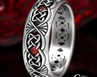 Mens Celtic Ruby Ring, Celtic Wedding Band, Sterling Silver Wedding Band, Mens Celtic Ring, Silver Mens Ring, Mens Celtic Wedding Band, 1579