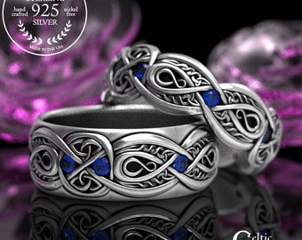 Sterling Silver & Sapphire Trinity Ring Set, Irish Gemstone Knotwork Rings, Elegant Celtic Wedding Rings, Handfasting Band Set, 1411 1642