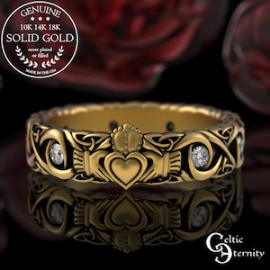 Moissanite & Gold Claddagh Wedding Ring for Celtic Bride, 10K 14K 18K Gold Traditional Irish Heart Hands, White Gold Trinity Knotwork, 3219