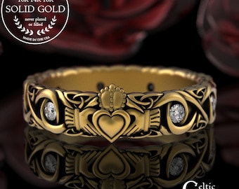 Moissanite & Gold Claddagh Wedding Ring for Celtic Bride, 10K 14K 18K Gold Traditional Irish Heart Hands, White Gold Trinity Knotwork, 3219