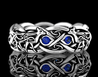 Sapphire Cow Ring, Sterling Silver Celtic Farm Animal Ring, Bovine Ring, Blue Irish Wedding Band, Calf Ring, Farm Theme Wedding Ring, 1717