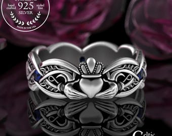 Sapphire Infinity Claddagh Ring, Sterling Celtic Moissanite Crown Wedding Ring, Silver Ruby Classic Scottish Ring, Mo Chridhe Ring, 3239