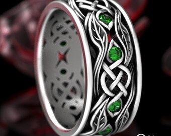 Emerald Scottish Nature Wedding Ring, Botanical Sterling Wedding Band, Celtic Leaves Pagan Handfasting Jewelry, Silver Irish Plant Ring 1964