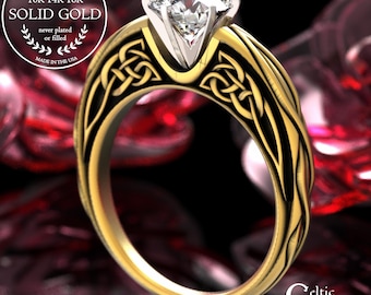 Gold Celtic Gallery Engagement Ring, Moissanite & White Gold Irish Anniversary Ring, 18K Intricate 3D Scrollwork Bridal Ring, 2113