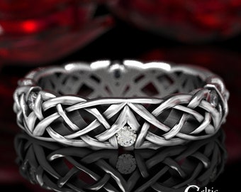 Moissanite & Silver Celtic Wedding Band, Narrow Wedding Ring, Sterling Silver Wedding Ring, Unique Wedding Band, Thin Wedding Ring, 1505