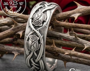 Woman's Sterling Rose Ring, Silver Roses & Thorns Wedding Band, Bride's Art Nouveau Ring, Botanical Jewelry, 3345