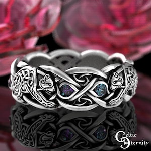 Alexandrite Bear Ring, Sterling Silver Bear Ring, Celtic Bear Ring, Bear Wedding Band, Celtic Alexandrite Ring, Womens Bear Ring, 1682