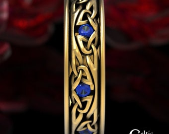 Sapphire & Gold Wedding Ring, Narrow Celtic Union Band, Platinum Sapphire Welsh Ring, Mens Gold Handfasting Band, Irish Wedding Ring, 1469