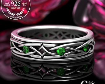 Groom's Emerald & Sterling Irish Wedding Band, Silver Intricate Celtic Marriage Ring, Handfasting Jewelry, Men's Anniversary Ring, 2088