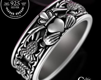 Groom's Sterling Thistle Wedding Ring, Mens Scottish Highlands Ring, Silver Scotland Heritage Jewelry, Irish Claddagh Marriage Vow Band,3281