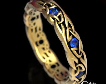 Gold Delicate Wedding Ring with Sapphires, Celtic Wedding Band, Platinum Wedding Ring, Sapphire Celtic Ring, Narrow Gold Wedding Band, 1467